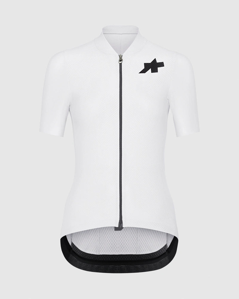 White cycling jersey with black accents on a white background
