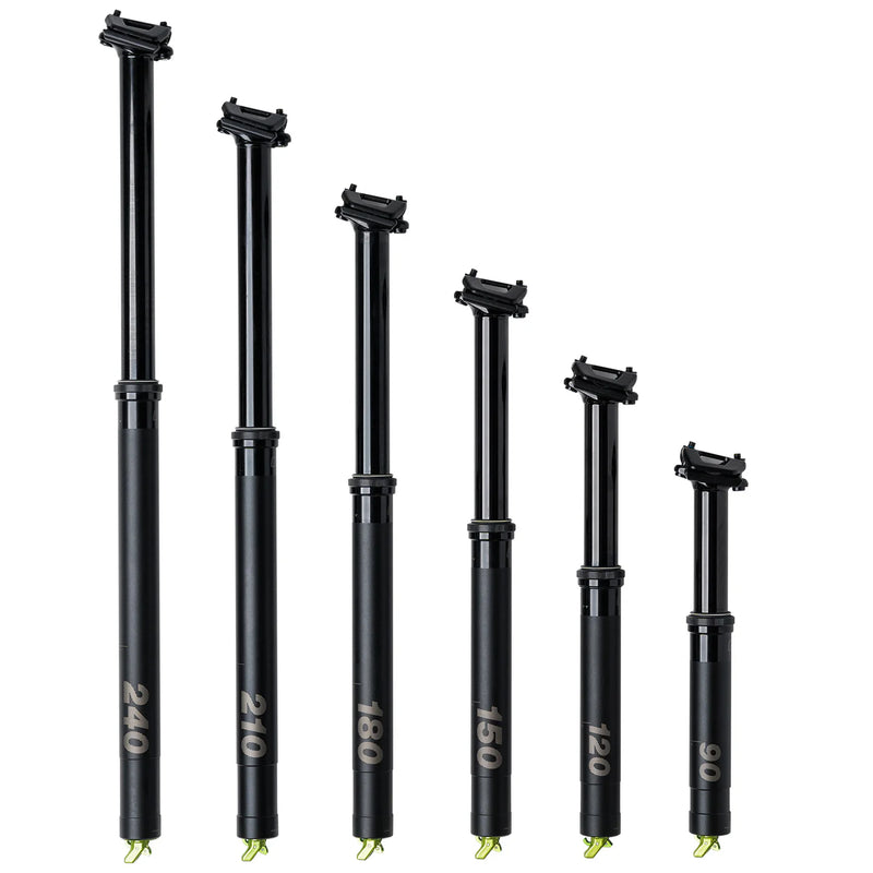 Set of black bicycle seatposts with varying lengths on a white background