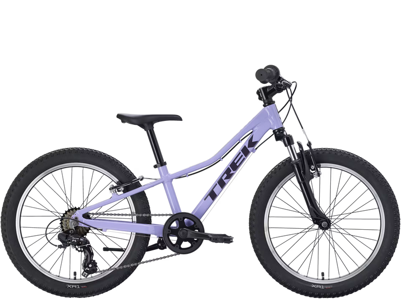 Light Purple children's bicycle with 'Trek' branding on a white background