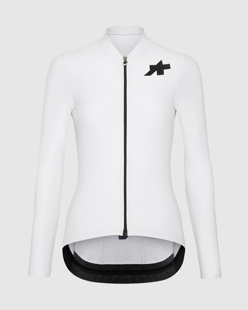 White cycling long-sleeved jersey with black accents on a white background