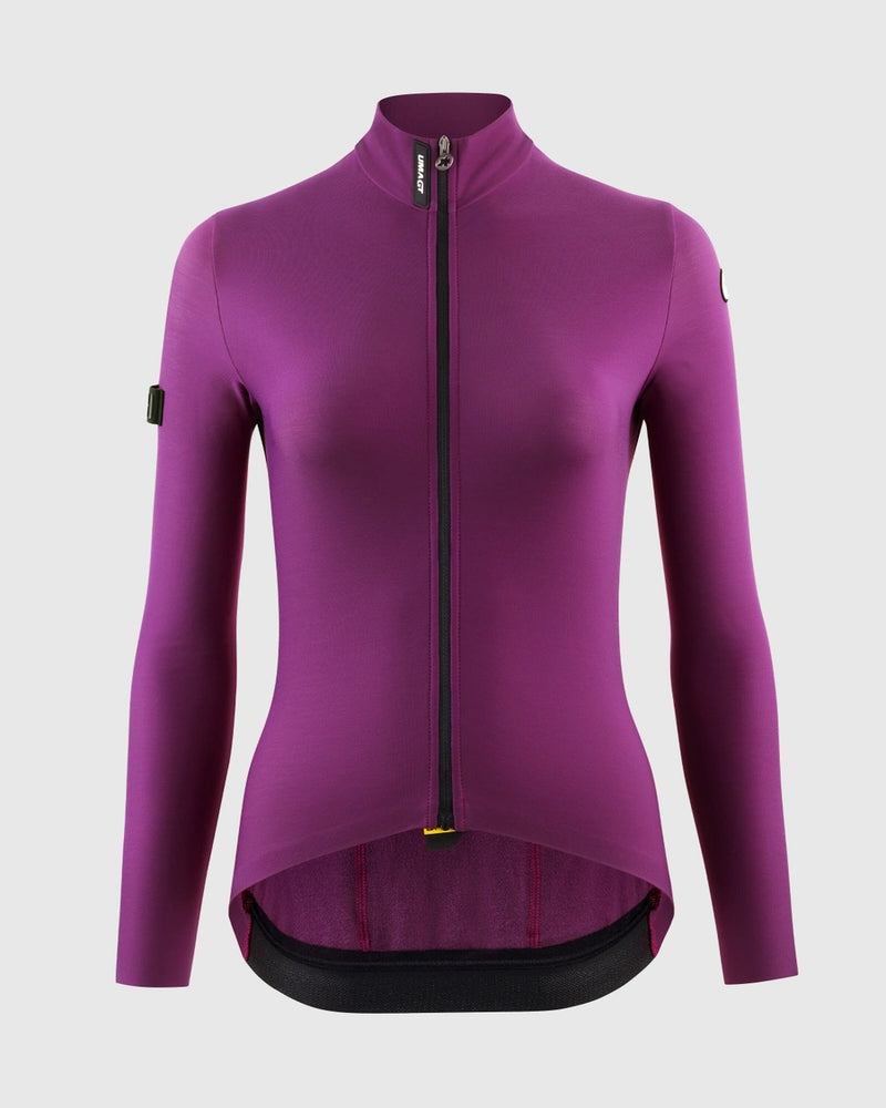 Assos UMA GT Spring Fall LS Jersey C2 in Purple Alchemy, ghosted front view showing the mock neck, ASSOS neck label, full-length zipper, partial ASSOS logo and integrated cable loop