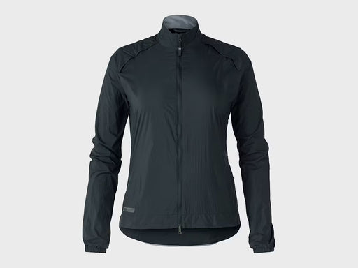 Product front image of a woman's cycling jacket - long, sleeved, full zip with a mock neck and detailed logo patch on the bottom left.
