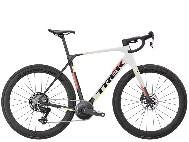A Trek endurance road bicycle with a white top tube, black frame and components, and lime green and orange accents, shown against a solid white background.