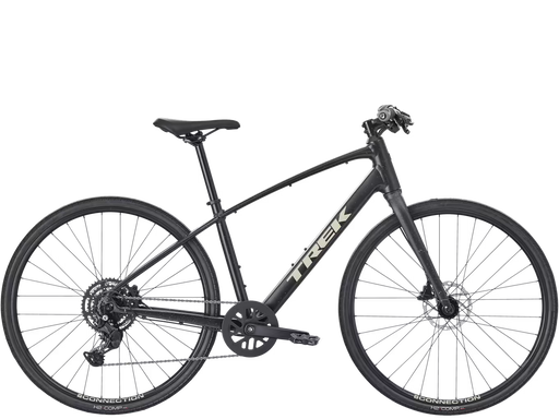 A black Trek hybrid fitness bicycle with a matte finish, featuring a step-through frame, rear suspension, and disc brakes, shown against a plain white background.