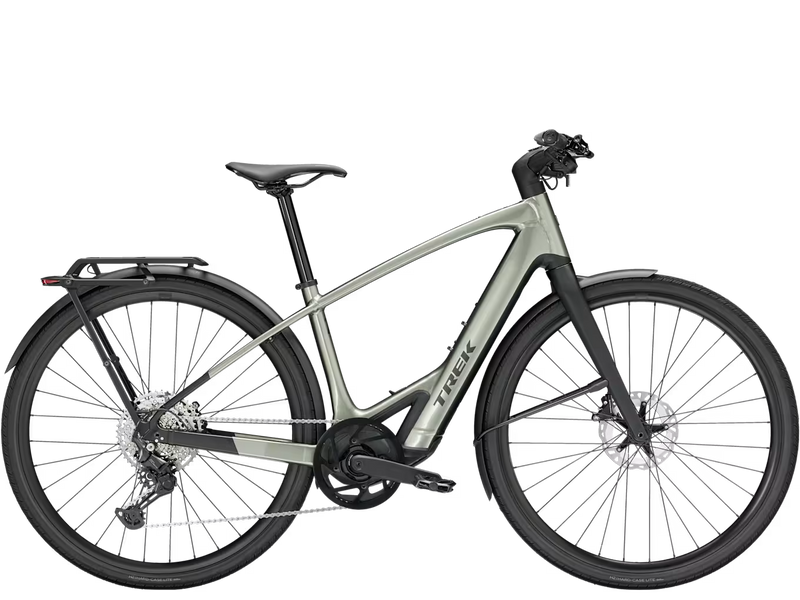 Lichen green coloured electric hybrid bike poroduct shot, against a transparent background.