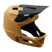 Lager Yellow Leatt MTB Gravity 1.0 Junior full-face helmet, front 3/4 view with Leatt branding visible on the helmet and white background
