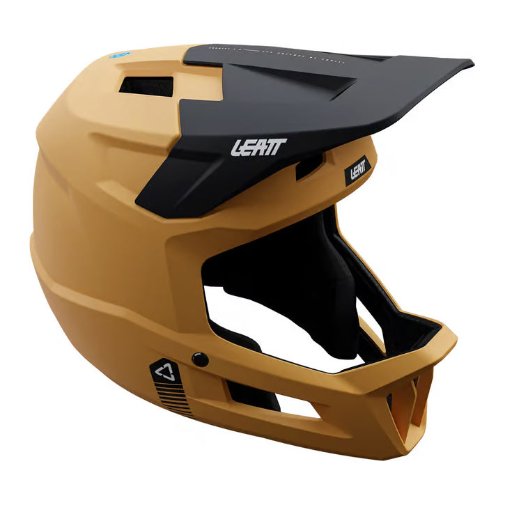 Lager Yellow Leatt MTB Gravity 1.0 Junior full-face helmet, front 3/4 view with Leatt branding visible on the helmet and white background