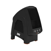 JetBlack Trainer Fan angled slightly right on white background with power and speed symbols visible on the front panel and an orange accent on the lower stand.