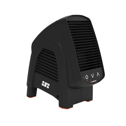 JetBlack Trainer Fan angled slightly right on white background with power and speed symbols visible on the front panel and an orange accent on the lower stand.