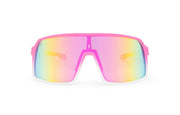 Pink x Pink sunglasses, front view with pink and white frames, pink stems and blue, yellow and pink gradient lenses on a white background