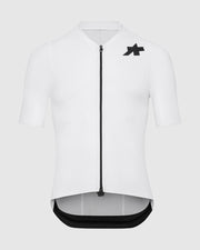 White cycling jersey with black accents on a light gray background