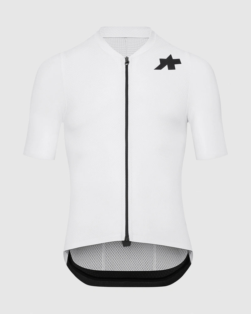White cycling jersey with black accents on a light gray background
