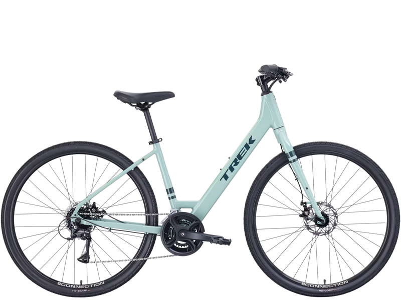 Light blue bicycle with 'Trek' branding on a transparent background