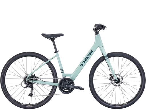 Light blue bicycle with 'Trek' branding on a transparent background