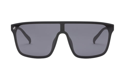 MarsQuest Model X Carbon Black x Charcoal sunglasses, front view with black frames, black stems and dark shaded lenses on a white background