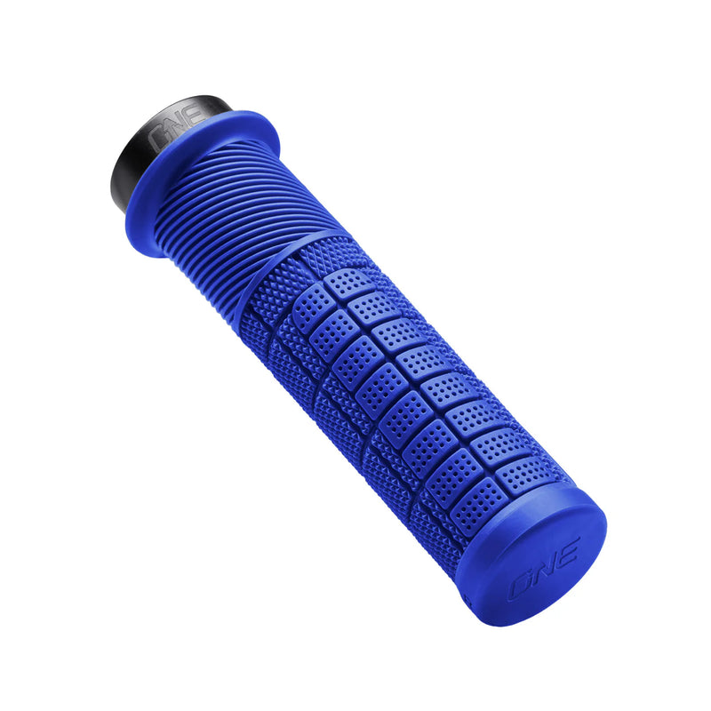 Blue bicycle handlebar grip with textured surface on a white background