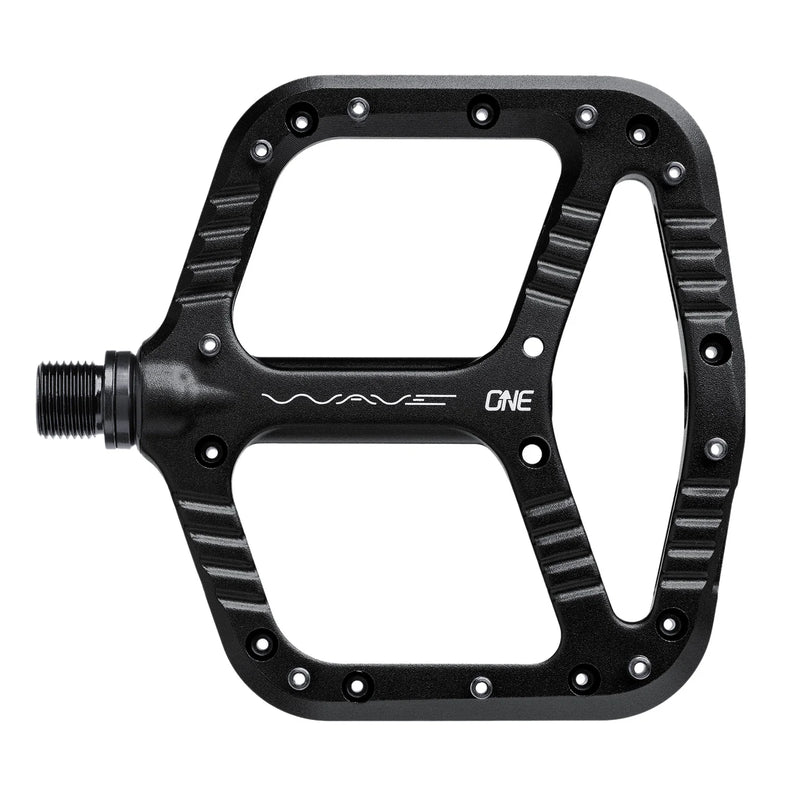 Black bicycle pedal with 'Wave One' branding on a white background