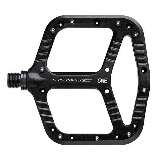 Black bicycle pedal with 'Wave One' branding on a white background