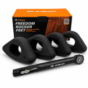 Product shot of four oval JetBlack Freedom Rocker Feet with the pump in front and the orange JetBlack packaging box behind them on a white background.