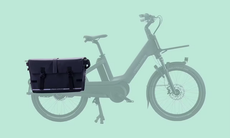 Urban Arrow Breeze Cargo Pannier mounted on the rear of an Urban Arrow Breeze, shown against a solid turquoise background with the bike displayed opaquely