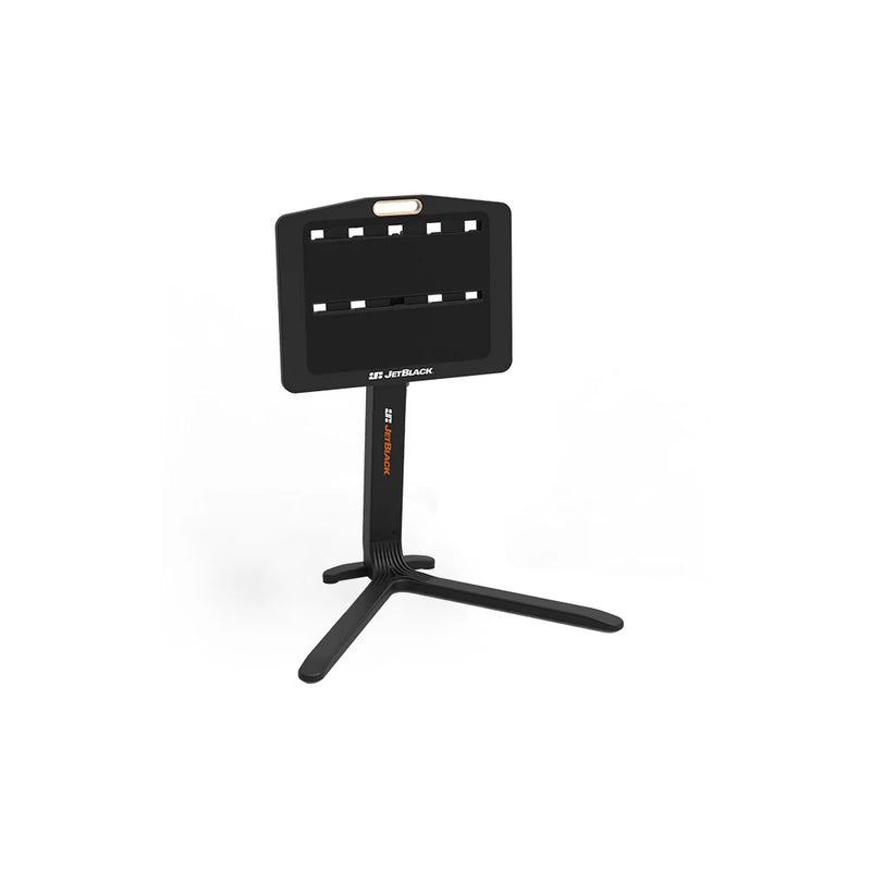 JetBlack Trainer Table on white background with the tray positioned horizontally at a lower height for tablet placement.