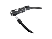 Close‑up of a combo bike lock showing the numbered dials and the cable end about to connect.