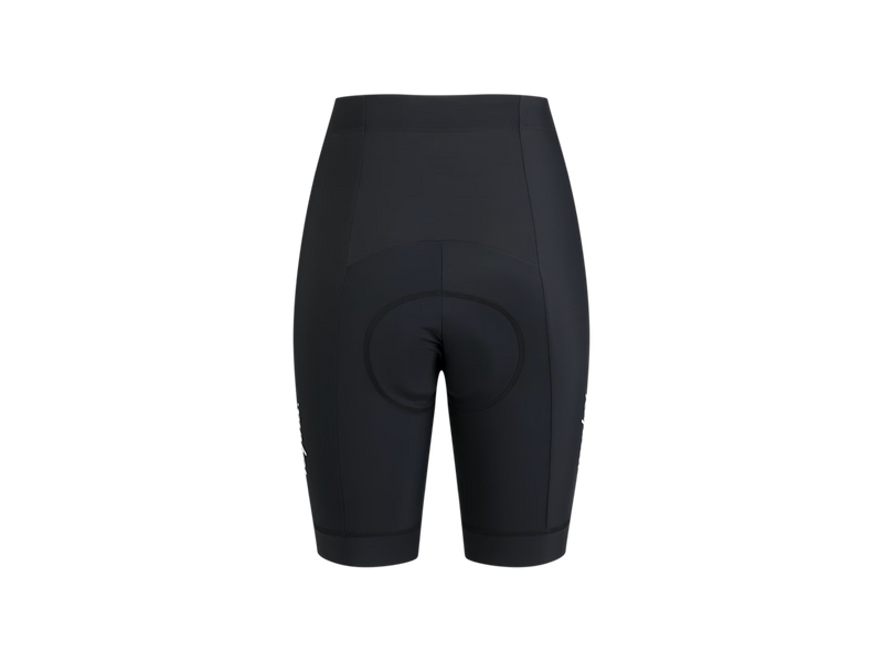 Black cycling shorts with a padded seat cushion, shown from the back on a plain white background - back.