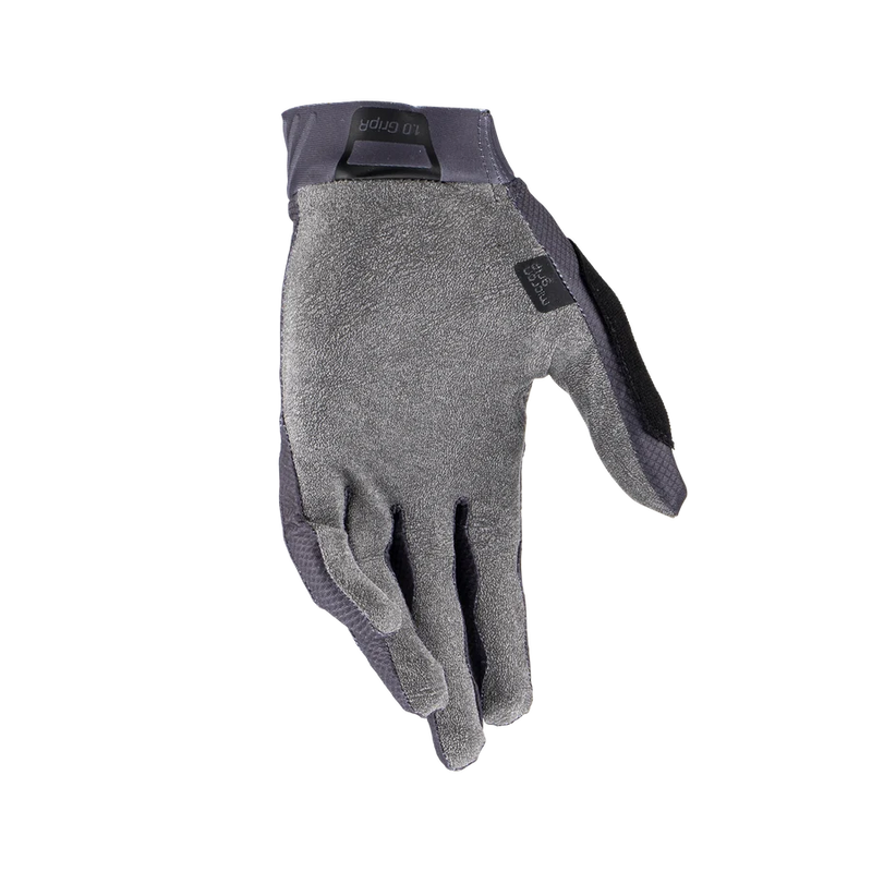 Leatt MTB 1.0 GripR Jr left glove, palm-up view showing the medium grey MicronGrip palm and silicone grip details on a transparent background
