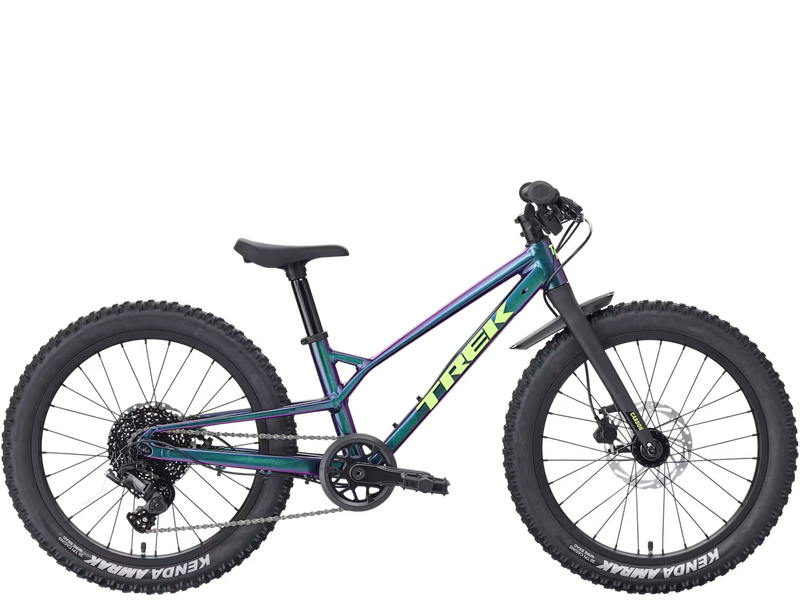 Trek Wahoo 20 Trail kids’ mountain bike in Emerald Iris, full side product view showing the iridescent purple finish, green Trek logo, black grips, Kenda Amrak tires, crank, and rear derailleur