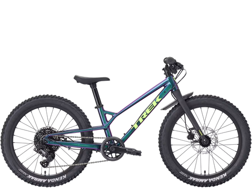 Trek Wahoo 20 Trail kids’ mountain bike in Emerald Iris, full side product view showing the iridescent purple finish, green Trek logo, black grips, Kenda Amrak tires, crank, and rear derailleur