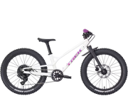 Trek Wahoo 20 Trail kids’ mountain bike in Crystal White, full side product view showing the white frame, fluorescent purple Trek logo, purple grips, Kenda Amrak tires, crank, and rear derailleur