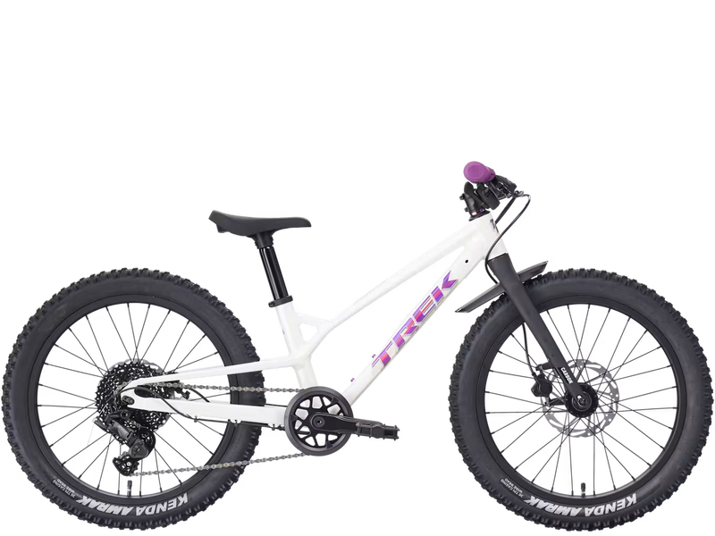 Trek Wahoo 20 Trail kids’ mountain bike in Crystal White, full side product view showing the white frame, fluorescent purple Trek logo, purple grips, Kenda Amrak tires, crank, and rear derailleur