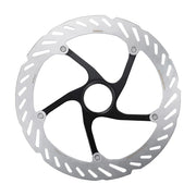Bicycle stainless steel disc brake rotor on a white background (XL, 203mm size)