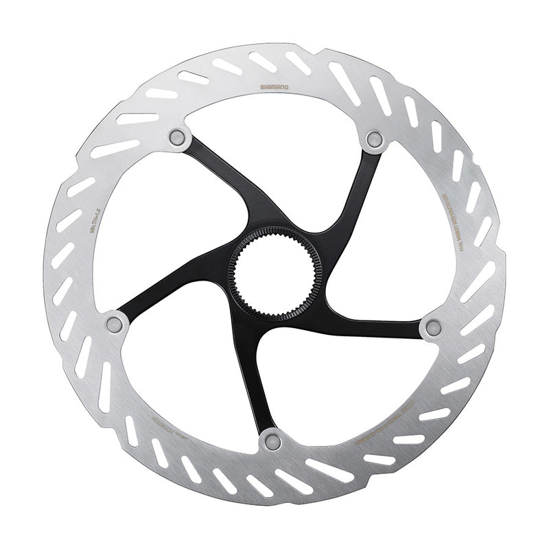Bicycle stainless steel disc brake rotor on a white background (XL, 203mm size)