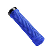 Blue bicycle handlebar grip with black end cap on a white background