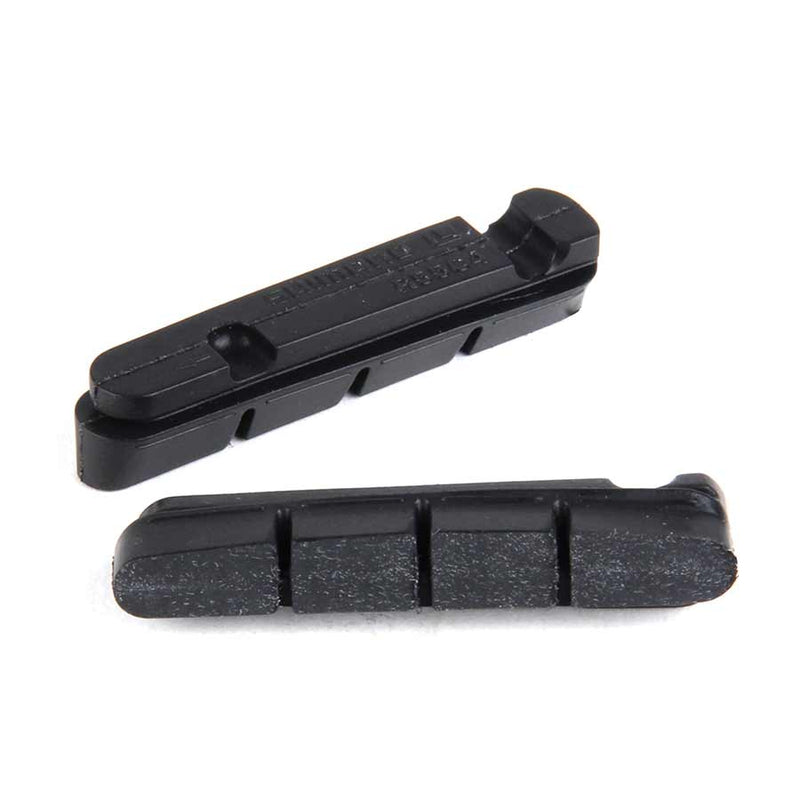 Two black brake pads on a white background