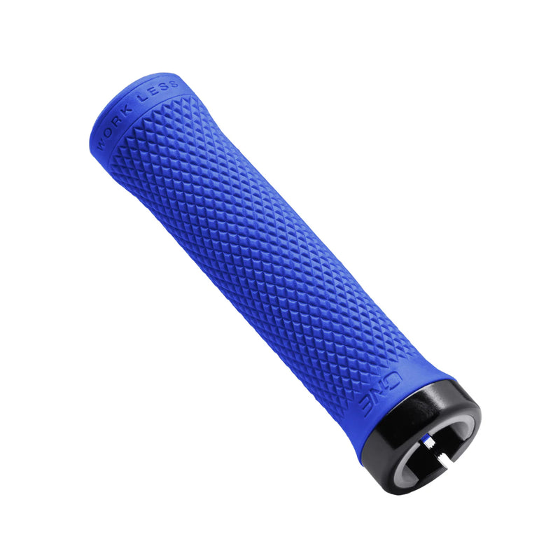Blue bicycle handlebar grip with textured surface on a white background