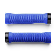 Two blue bicycle grips with textured surface on a white background