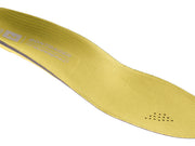 Diagonal close-up of yellow Bontrager inForm BioDynamic insole showing textured top surface, upper heel branding, and forefoot ventilation perforations