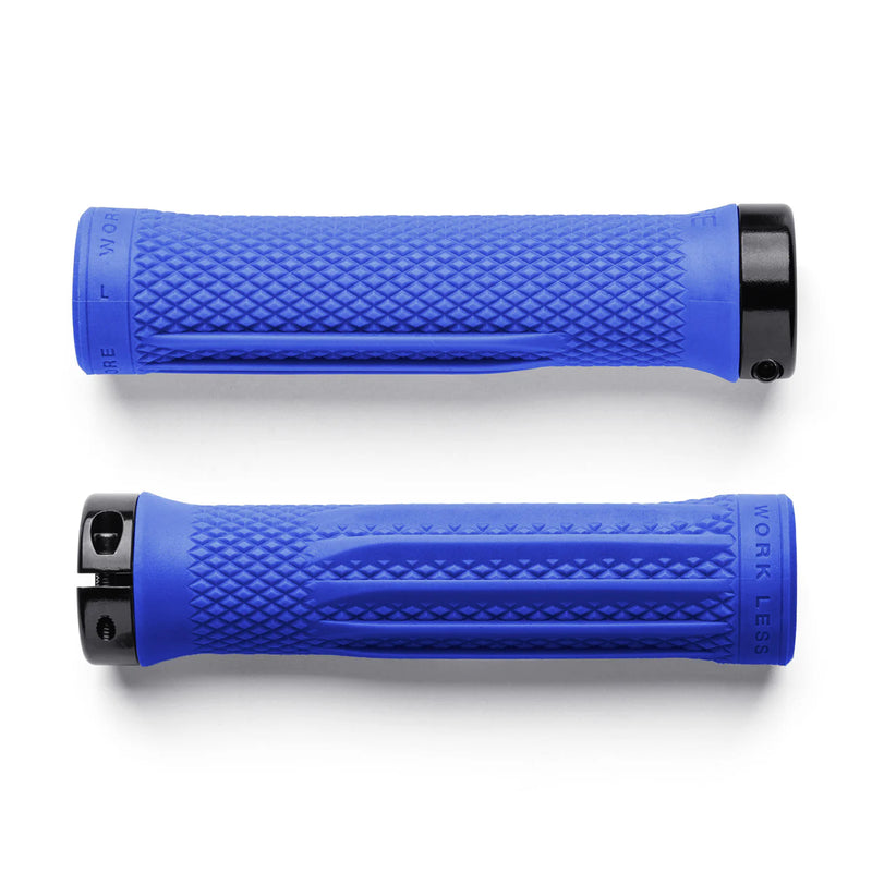 Two blue bicycle grips with textured surface on a white background