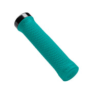 Teal bicycle handlebar grip with black end cap on a white background