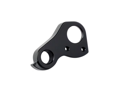 A black anodized metal bracket or mount with two circular openings, one threaded, shown on a plain white background.