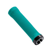 Teal bicycle handlebar grip with black end on a white background