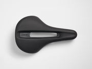 Black bicycle saddle with 'Trek' branding on a white background