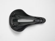 A black bicycle saddle shown from a top-down perspective on a clean, light gray background.