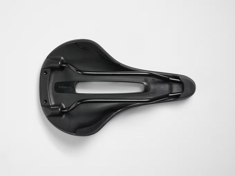 A black bicycle saddle shown from a top-down perspective on a clean, light gray background.