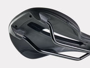 Close-up of a black bicycle seat on a white background