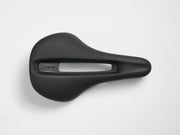 Black bicycle saddle with 'Trek' branding on a white background