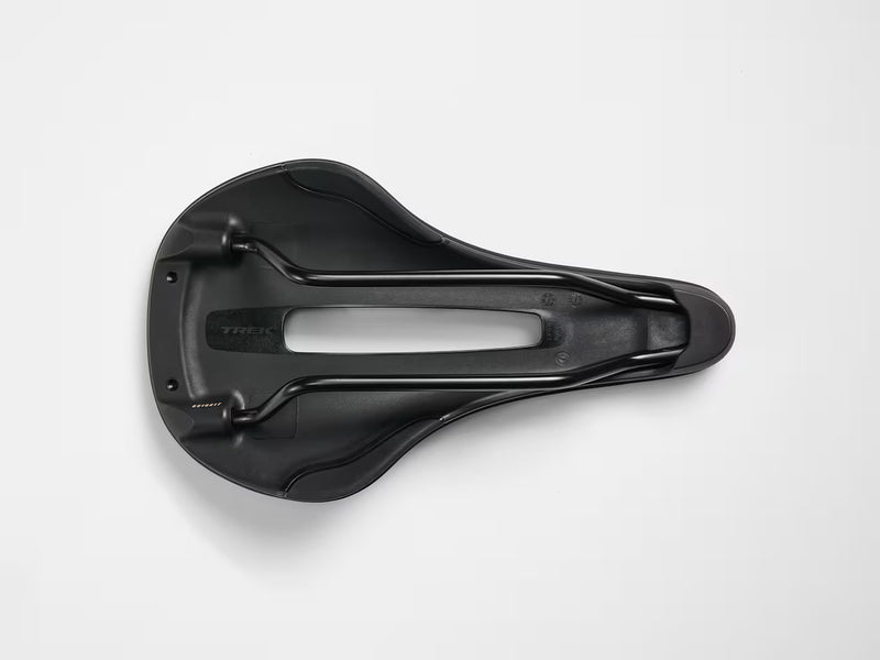 Black bicycle saddle on a white background with Trek Logo