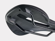 Close-up of a black bicycle saddle on a light gray background